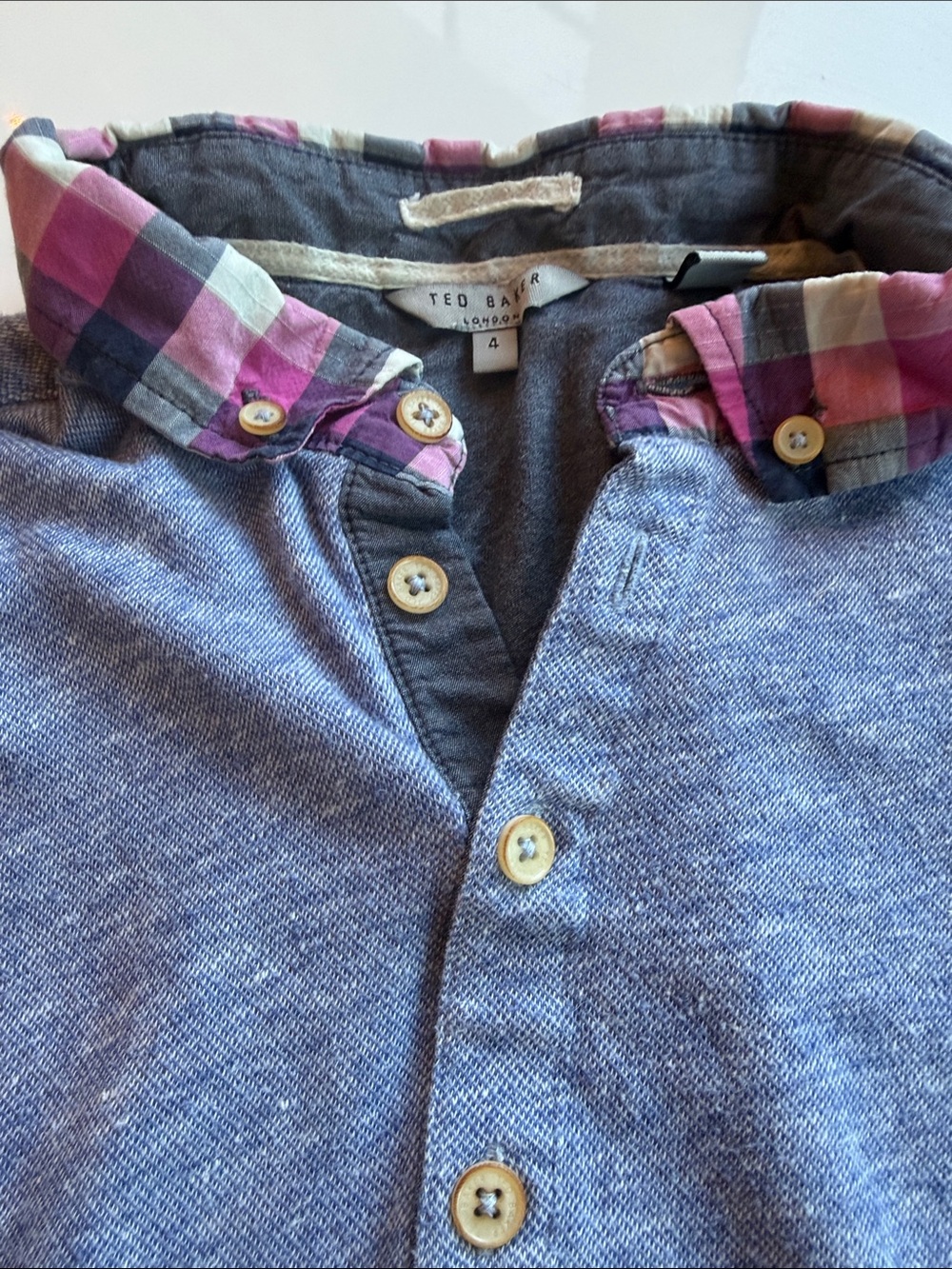 Ted Baker Heathered Blue Polo with Pink Plaid Collar